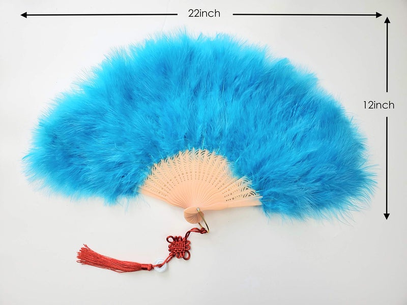 Happy Feather Handheld Marabou Feather Fan, 1920s Vintage Style Flapper Hand Fan for Costume Party and Dancing-Acid Blue - Image 3